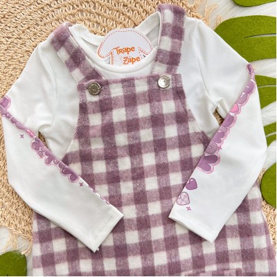 Conj. Blusa Manga Longa Cute e Salopete Xadrez em Lã - Lilás